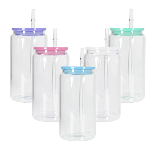 China Warehouse 16oz clear sublimation glass cups with colorful plastic lids