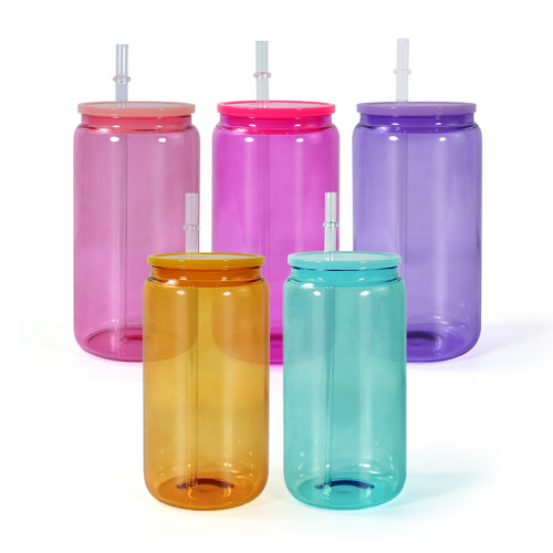 China warehosue 16oz corlorful sublimation glass cups with plastic lids