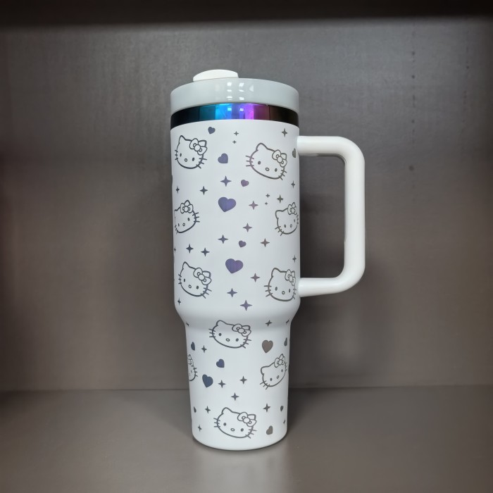 China Warehouse V2 40OZ powder coated tumbler with kitty laser print(Holographic print background)