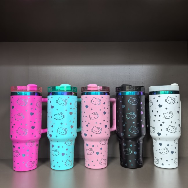 China Warehouse V2 40OZ powder coated tumbler with kitty laser print(Holographic print background)