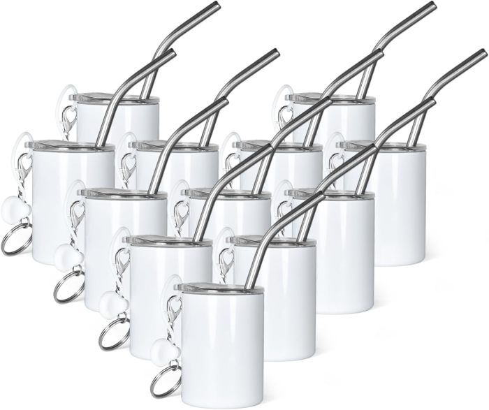 US Warehouse 3oz sublimation straight shot glasses with keychains+metal straw+rubber plug