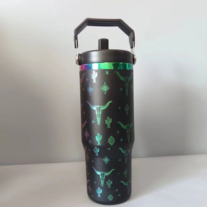 China Warehouse 30oz Rainbow Plated Powder Coated tumbler with laser design