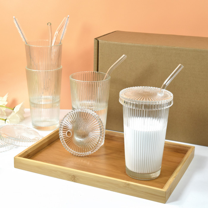 US Warehouse 12oz vertical stripe glass Cup gift set(not for sublimation)