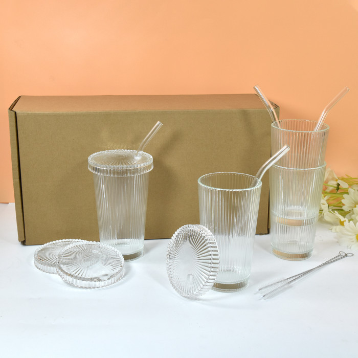 US Warehouse 12oz vertical stripe glass Cup gift set(not for sublimation)