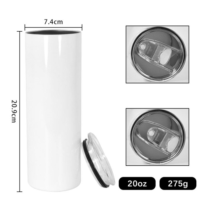 RTS US Warehouse 20oz sublimation straight skinny tumbler with stainless steel straw+plastic straw+rubber bottom