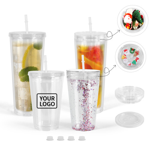 China warehouse 16oz/24oz snow globe plastic cups with double wall DIY lids