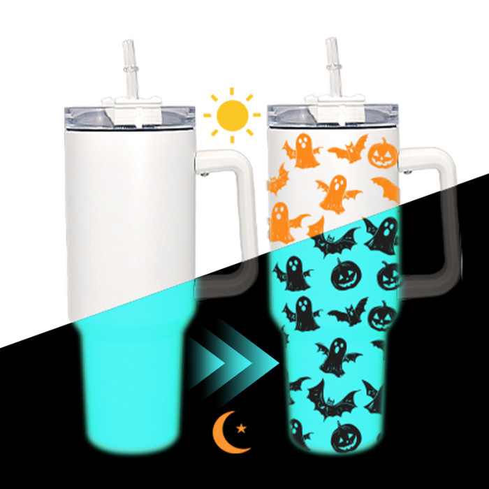US Warehouse 40oz White to Blue glow in the dark sublimation blanks tumbler with handle