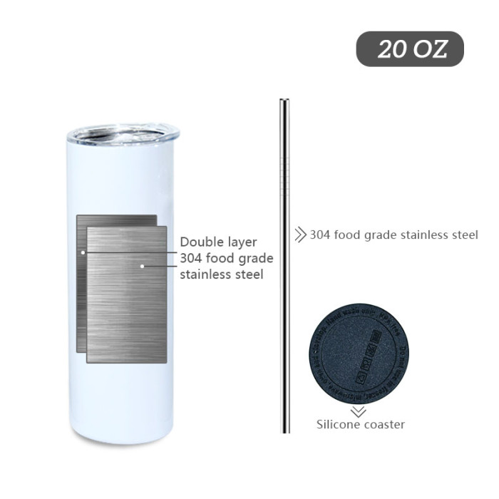 RTS US Warehouse 20oz sublimation straight skinny tumbler with stainless steel straw+rubber bottom