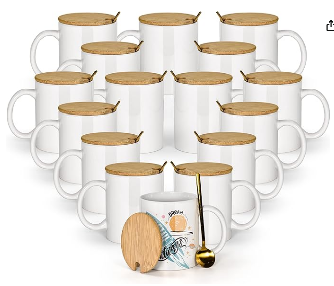 RTS US Warehouse 16pcs 11oz sublimation ceramic coffee mug with bamboo lids+stainless steel spoon