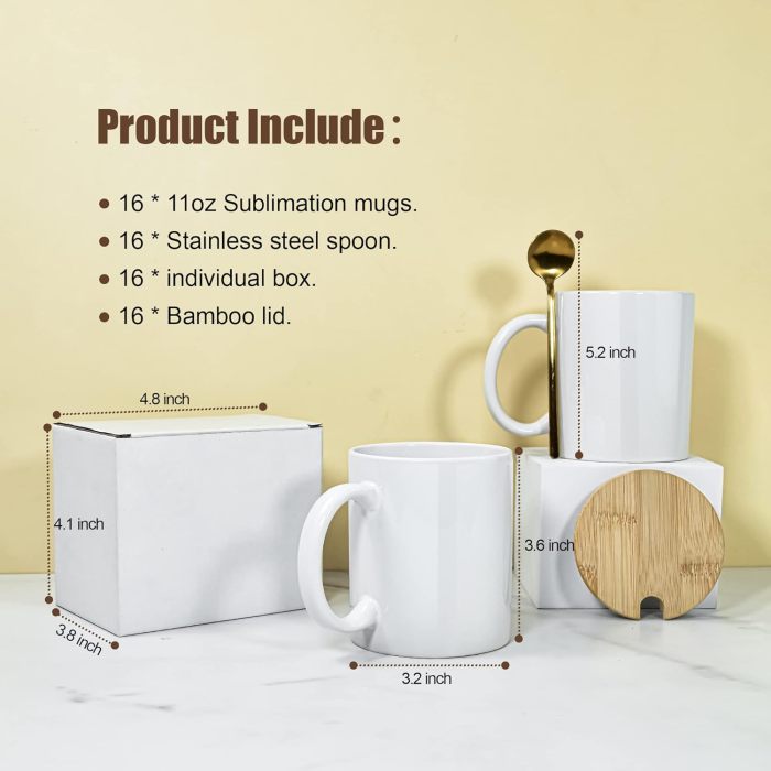 RTS US Warehouse 16pcs 11oz sublimation ceramic coffee mug with bamboo lids+stainless steel spoon