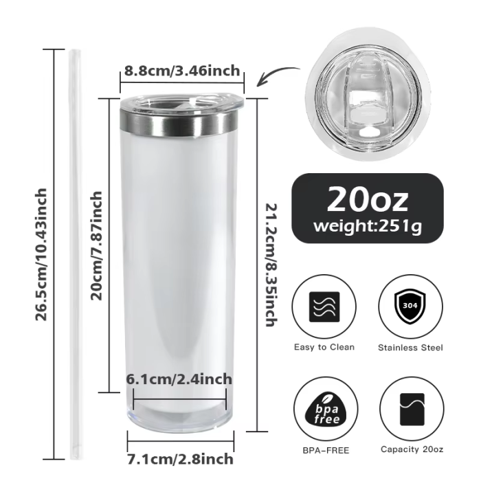US Warehouse 20oz Double Wall snow globe sublimation tumblers with plugs,pre-hole