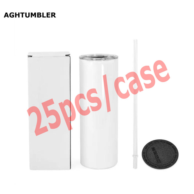 RTS US Warehouse 20oz sublimation blanks straight skinny tumbler with plastic straw and rubber bottom