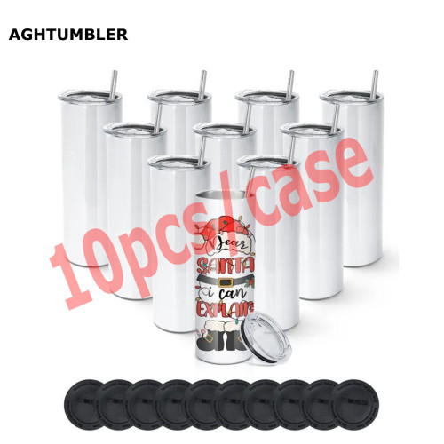RTS US Warehouse 20oz sublimation straight skinny tumbler with stainless steel straw+rubber bottom