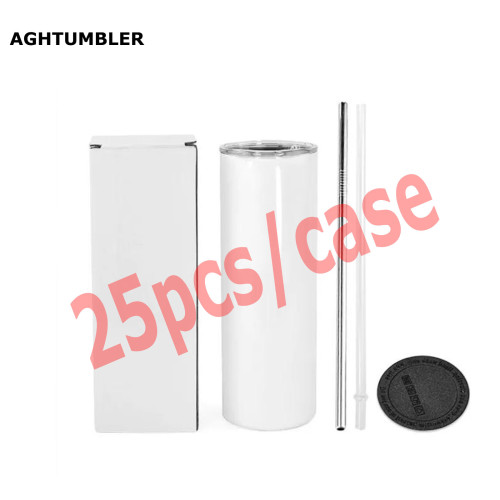 RTS US Warehouse 20oz sublimation straight skinny tumbler with stainless steel straw+plastic straw+rubber bottom
