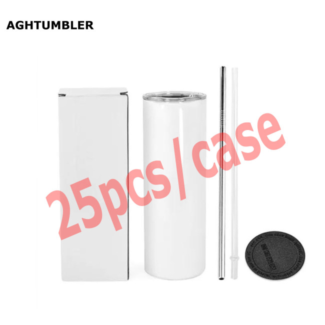 RTS US Warehouse 20oz sublimation straight skinny tumbler with stainless steel straw+plastic straw+rubber bottom