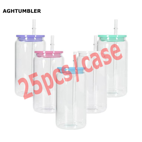 US Warehouse 16oz glass sublimation cup with colored plastic lids