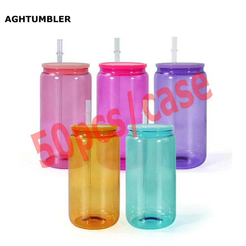 RTS US Warehouse 16oz colorful sublimation glass Cup with plastic lids