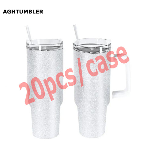 RTS US Warehouse 40OZ light silver glitter sublimation blanks tumblers with handle