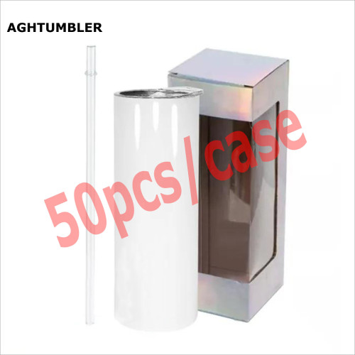 RTS US Warehouse 20oz sublimation blanks straight skinny tumblers with plastic straw+holographic box
