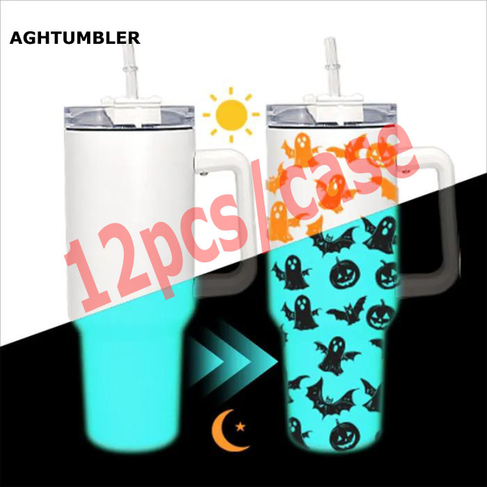 US Warehouse 40oz White to Blue glow in the dark sublimation blanks tumbler with handle