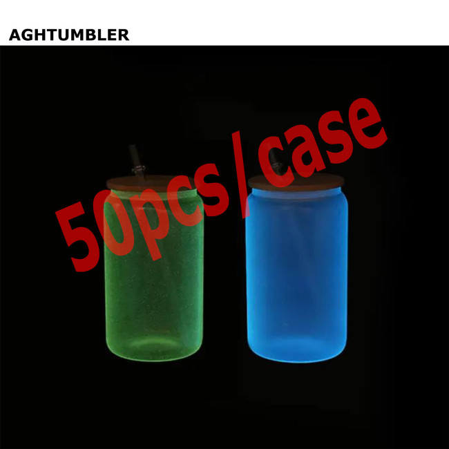 RTS US Warehouse 16oz Frosted Glow in the Dark Sublimation Glass Can With Bamboo Lid