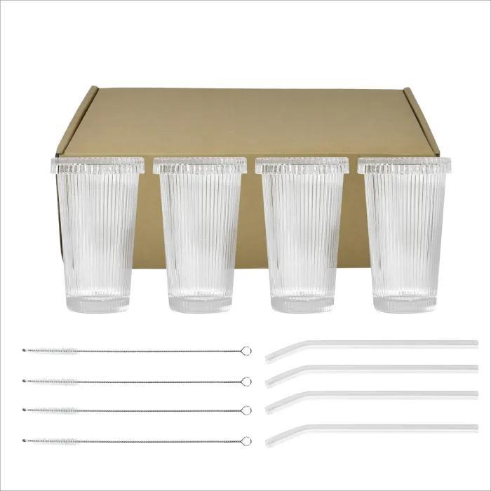 US Warehouse 12oz vertical stripe glass Cup gift set(not for sublimation)