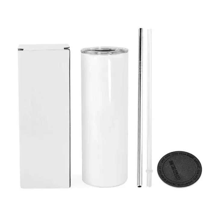 RTS US Warehouse 20oz sublimation straight skinny tumbler with stainless steel straw+plastic straw+rubber bottom