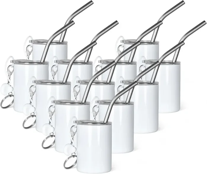 US Warehouse 3oz sublimation straight shot glasses with keychains+metal straw+rubber plug