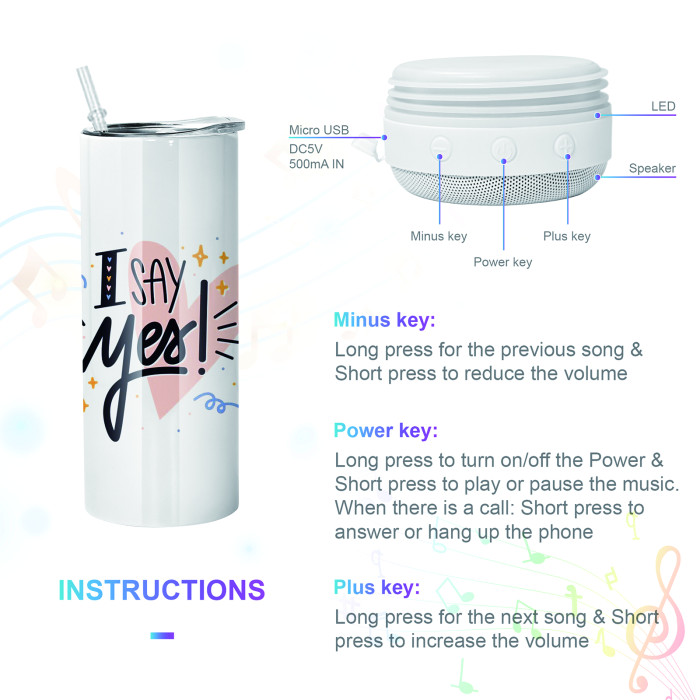 RTS US Warehouse 20oz Sublimation Straight Tumbler with White Speaker