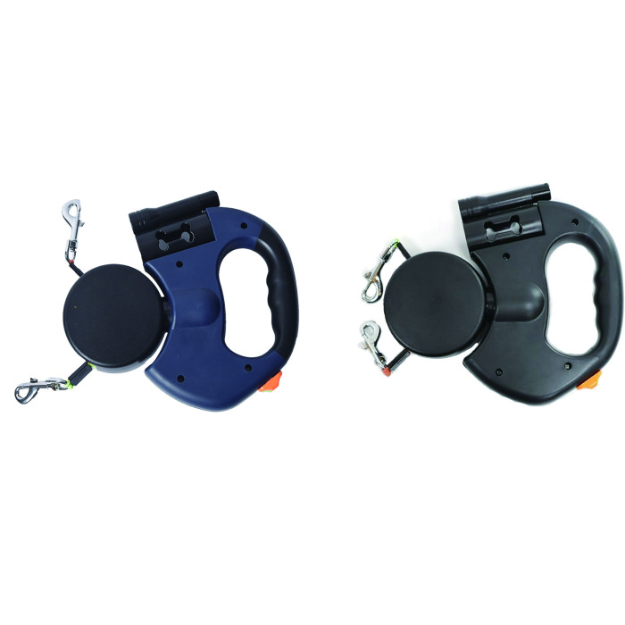 US Warehouse Retractable Pet Leash Double Dog Leash with Flashlight+Detachable Waste Bag Box(rotate 360°)