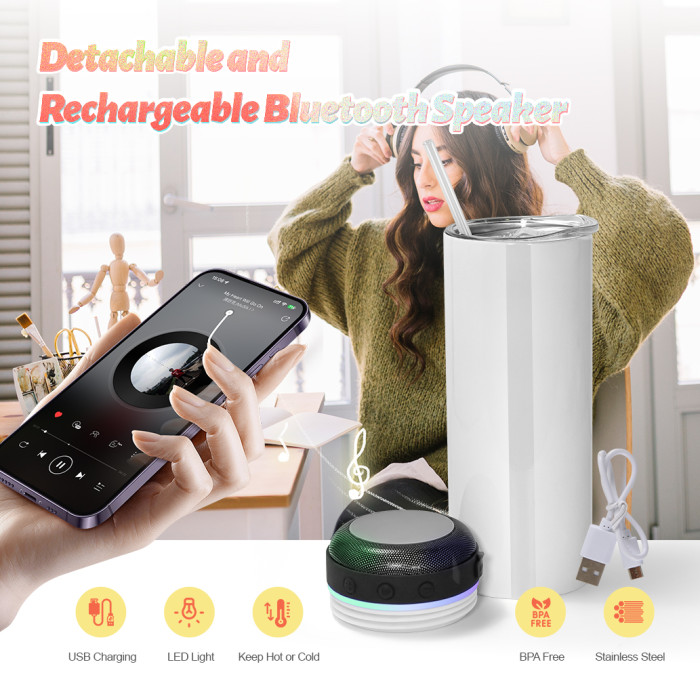 RTS US Warehouse 20oz Sublimation Straight Tumbler with Black Speaker