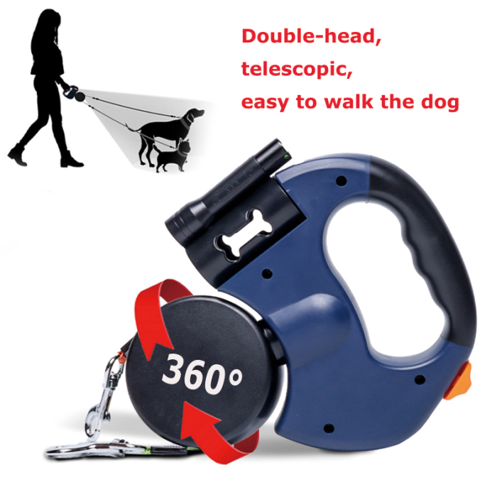 US Warehouse Retractable Pet Leash Double Dog Leash with Flashlight+Detachable Waste Bag Box(rotate 360°)