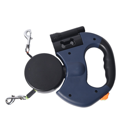 US Warehouse Retractable Pet Leash Double Dog Leash with Flashlight+Detachable Waste Bag Box(rotate 360°)