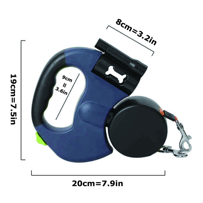 US Warehouse Retractable Pet Leash Double Dog Leash with Flashlight+Detachable Waste Bag Box(rotate 360°)