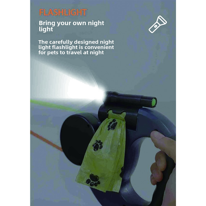 US Warehouse Retractable Pet Leash Double Dog Leash with Flashlight+Detachable Waste Bag Box(rotate 360°)