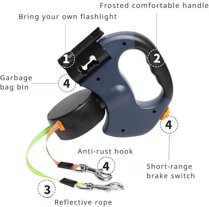 US Warehouse Retractable Pet Leash Double Dog Leash with Flashlight+Detachable Waste Bag Box(rotate 360°)