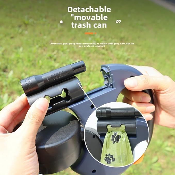 US Warehouse Retractable Pet Leash Double Dog Leash with Flashlight+Detachable Waste Bag Box(rotate 360°)