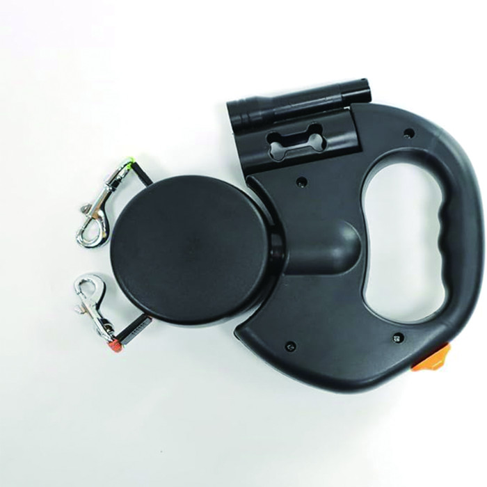 US Warehouse Retractable Pet Leash Double Dog Leash with Flashlight+Detachable Waste Bag Box(rotate 360°)