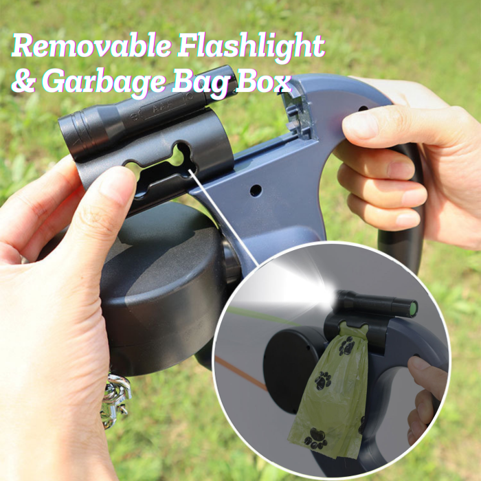 US Warehouse Retractable Pet Leash Double Dog Leash with Flashlight+Detachable Waste Bag Box(rotate 360°)