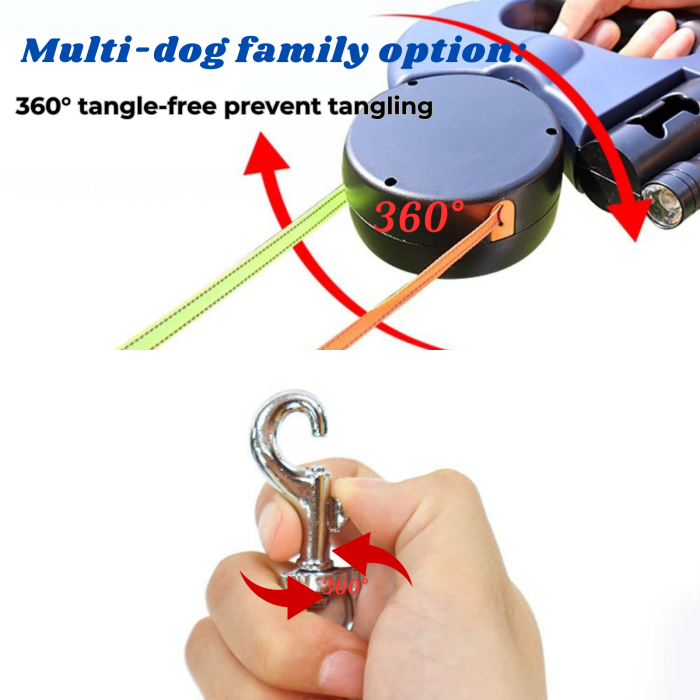 US Warehouse Retractable Pet Leash Double Dog Leash with Flashlight+Detachable Waste Bag Box(rotate 360°)