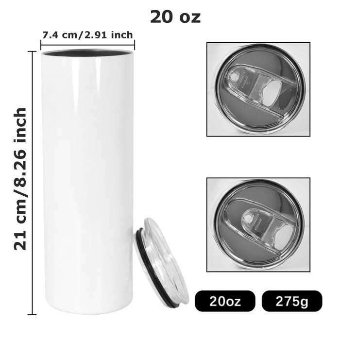 US Warehouse 20oz sublimation blanks straight skinny tumbler with plastic straw