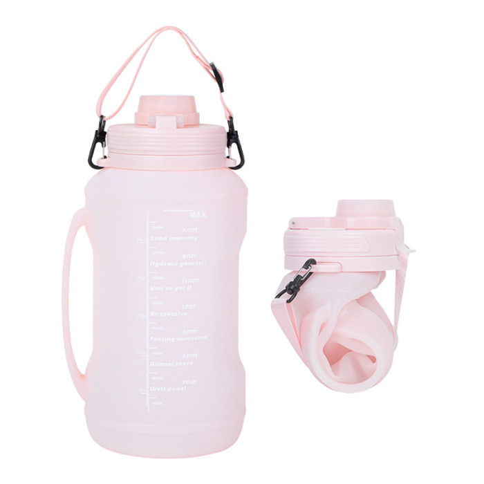 China Warehouse 64oz Large Collapsible Reusable Portable Silicone Travel Water Bottles with Time Markers and Carry Strap