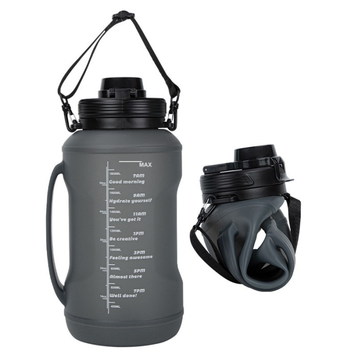 China Warehouse 64oz Large Collapsible Reusable Portable Silicone Travel Water Bottles with Time Markers and Carry Strap