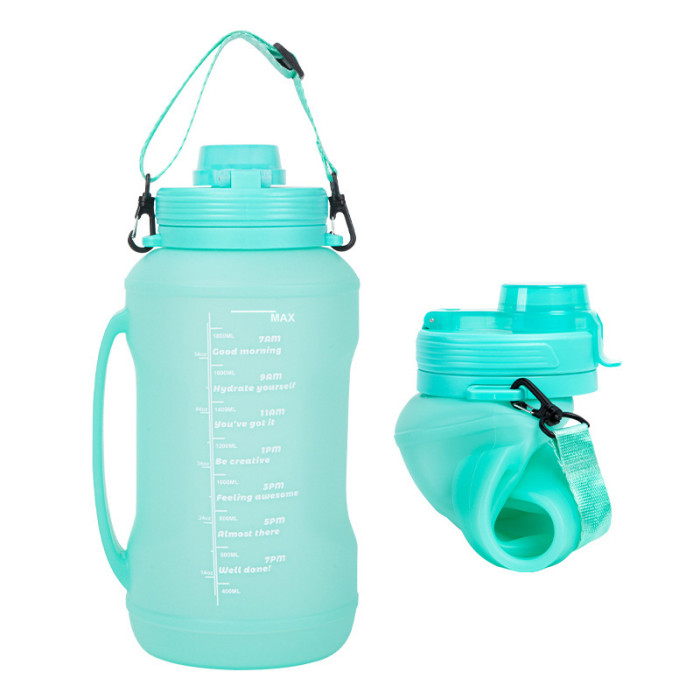 China Warehouse 64oz Large Collapsible Reusable Portable Silicone Travel Water Bottles with Time Markers and Carry Strap