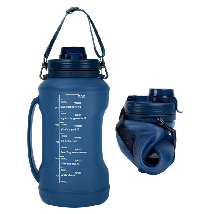 China Warehouse 64oz Large Collapsible Reusable Portable Silicone Travel Water Bottles with Time Markers and Carry Strap