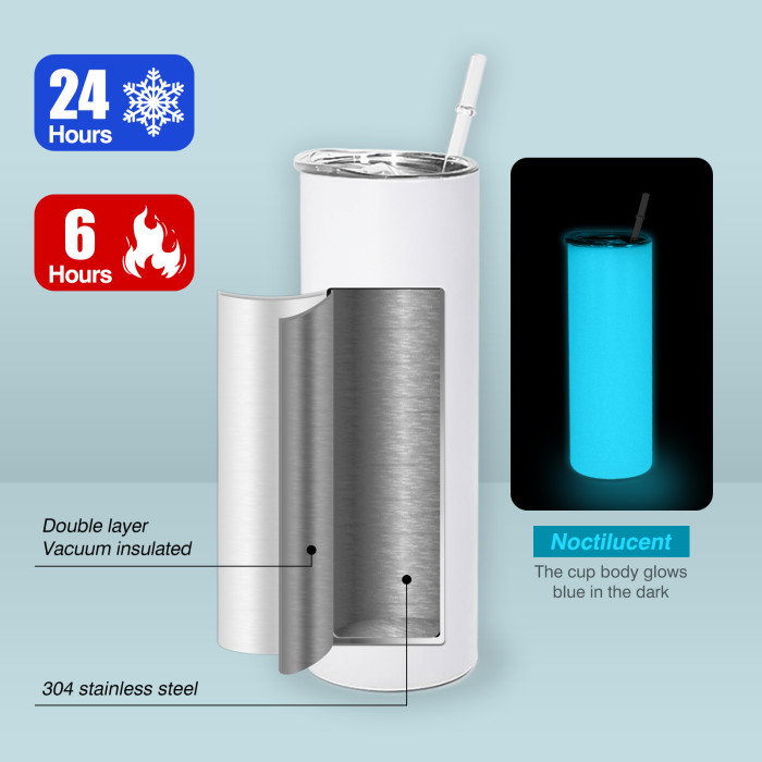 RTS US Warehouse Glow In The Dark 20oz Sublimation Straight Skinny Tumbler