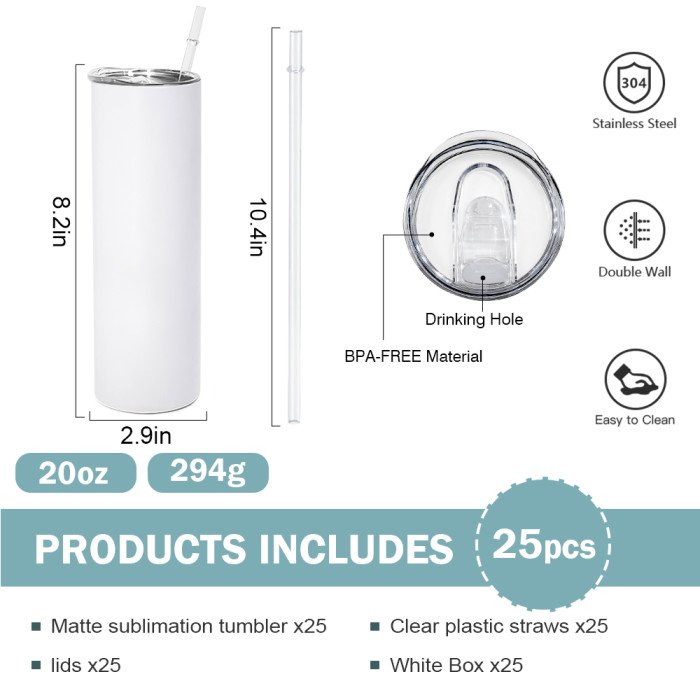 RTS US Warehouse matte flat/round bottom 20oz sublimation straight skinny tumblers