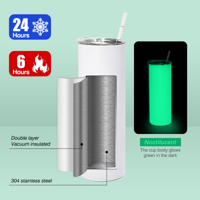 RTS US Warehouse Glow In The Dark 20oz Sublimation Straight Skinny Tumbler