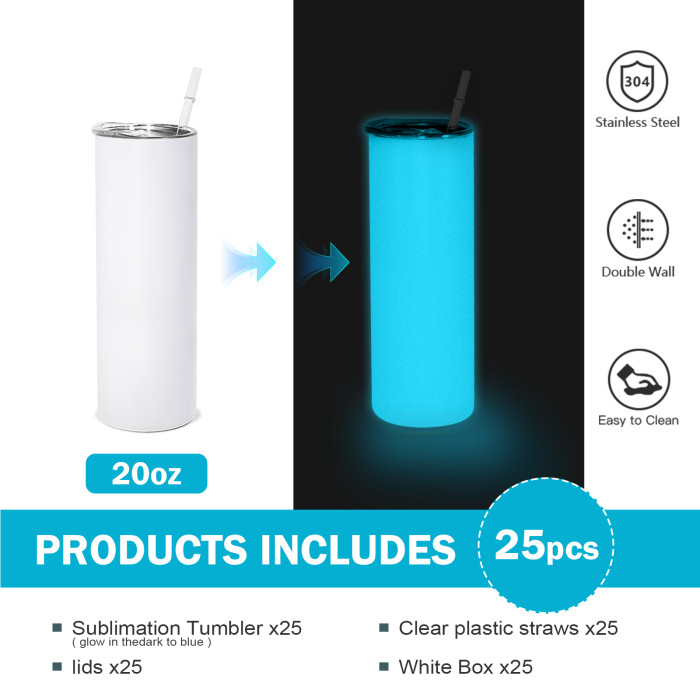 RTS US Warehouse Glow In The Dark 20oz Sublimation Straight Skinny Tumbler