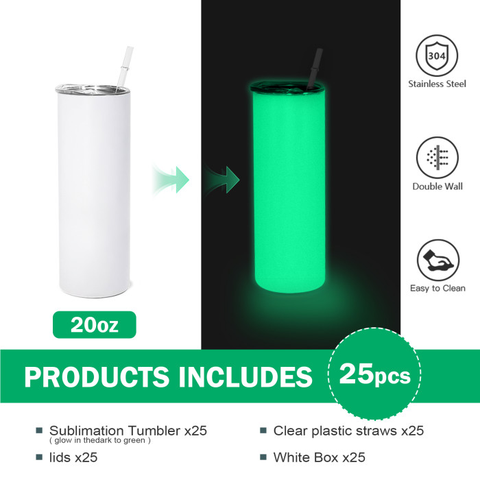RTS US Warehouse Glow In The Dark 20oz Sublimation Straight Skinny Tumbler